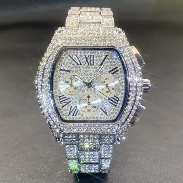 Iced Out Quartz Watch Rhinestone Embellished, Party Style Stopwatch with Non-Waterproof Zinc Alloy Case and Band