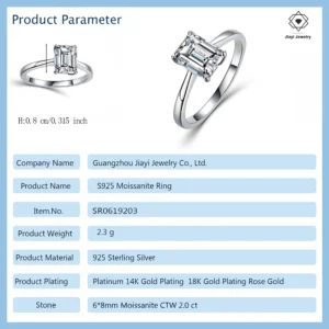 2.0 CTW Emerald Cut Moissanite Solitaire Ring S925 Sterling Silver 4 Prong Bridal Jewelry