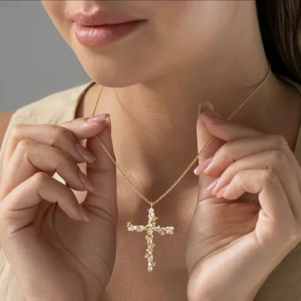 14K Gold Plated Cross Pendant Necklace Cubic Zirconia Relief Floral Design Rope Chain 18.5 Inch Women Christian Jewelry
