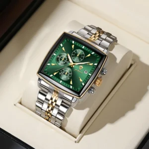 US Local Stock Gohuos 9810 Fashion Chronograph Business Square Dial Watch Classic Stainless Steel Auto Date Men’s Quartz Watches
