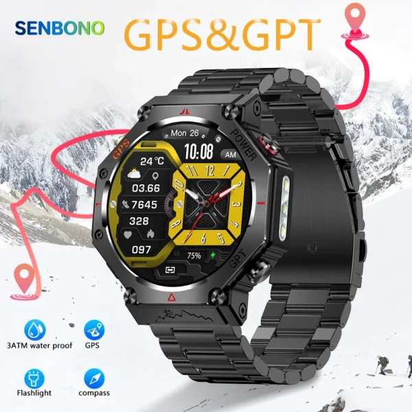 SENBONO KC91 Smartwatch Built-in GPS GPT Multiple Exercise Mode Flashlight 3ATM Water Resistance Men’s Fitness Smartwatch