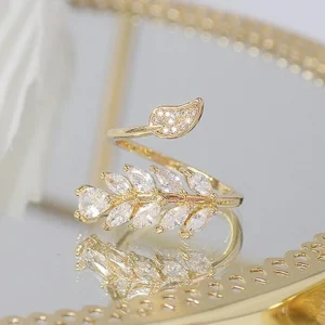 Sparkling Leaf Adjustable Open Ring for Women Elegant Fashion Finger Jewelry