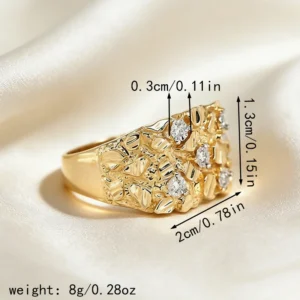 Gold Nugget Style Cubic Zirconia Ring Textured Wide Band Irregular High Polish Stones Trendy Women Fashion Jewelry