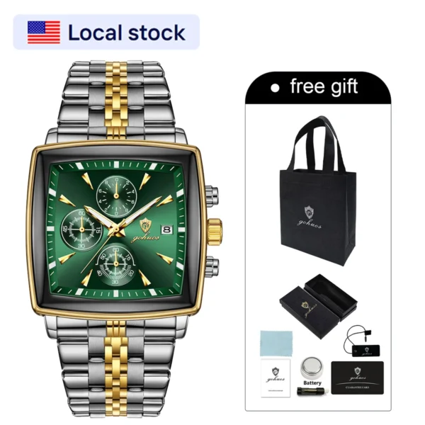 US Local Stock Gohuos 9810 Fashion Chronograph Business Square Dial Watch Classic Stainless Steel Auto Date Men’s Quartz Watches