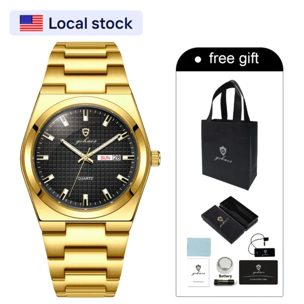 US Local Stock Gohuos 58807 New Golden Luxury Waterproof Business Men Wrist Watch Stainless Steel Strap Luminous Quartz Watches