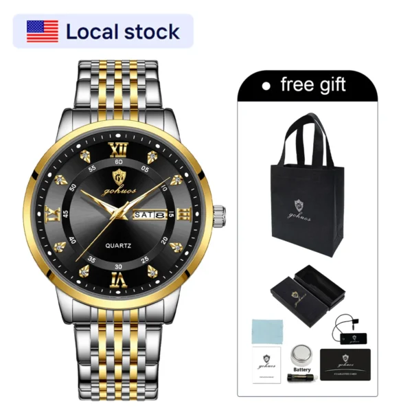 US Local Stock Gohuos 8806 Luxury Stainless Steel Quartz Watch for Men Business Style Waterproof Luminous Fashion Men's Watches