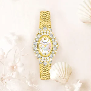 Vintage Luxury Women’s Quartz Wrist Watches Gold Silver MOP Dial with Heart Iced Bling Waterproof 3ATM Hip Hop Style Zirconia