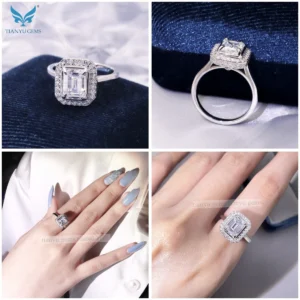Tianyu Bridal 2CT Fine Jewelry Sterling Silver 925 Emerald Cut VVS Moissanite Engagement Gold 18K Plated Mossanite Wedding Rings