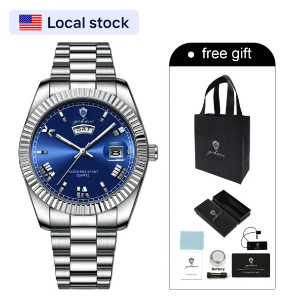US Local Stock Gohuos 8832 Minimalist Style Men’s Fashion Watches Week Date Business Stainless Steel Strap Original Quartz Watch