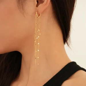 Gold Plated Copper Long Tassel Hoop Earrings Sequins Exaggerated Metal Style High-Grade Women Ear Jewelry