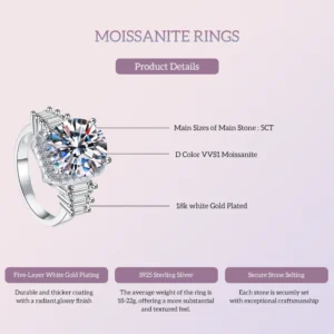 USA Stock 5CT Round Bright Cut Syntactic Diamond VVs1 Mosanite S925 Sterling Silver Ring for Woman Ladies Wedding Engagement