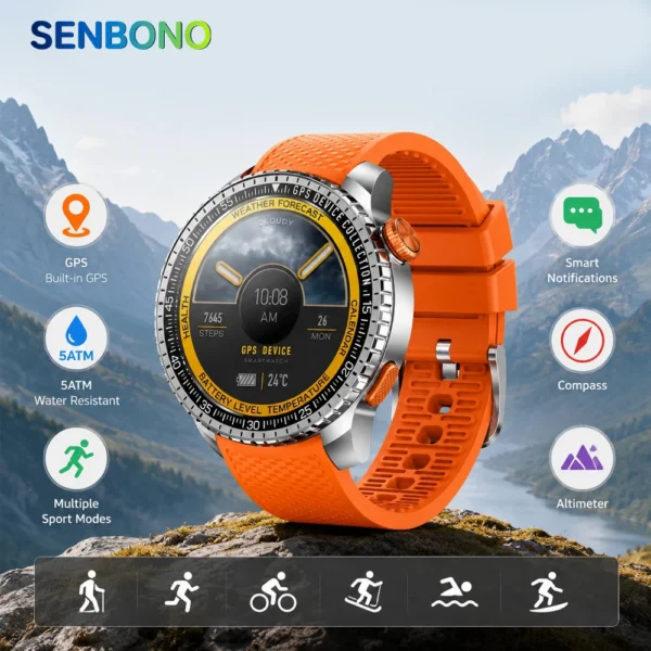SENBONO MAX88 Men’s Smartwatch: 1.43-inch Full Touchscreen, GPS, Compass, Multi-Sport Modes Multifunctional Round Smartwatch