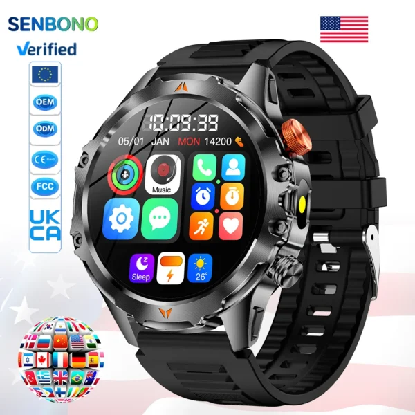 SENBONO V75 Metal Body Compass for Call Message Push Deep Waterproof Heart Rate Fitness Tracker Adventure Answer Call