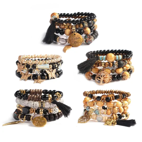 20pcs/set Hot Selling Fashion Jewelry Women Classic Bohemian Multi-layer Black Charms Bead Bracelet Set for Gift