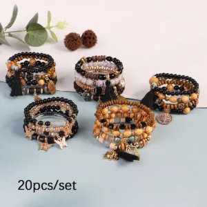20pcs/set Hot Selling Fashion Jewelry Women Classic Bohemian Multi-layer Black Charms Bead Bracelet Set for Gift