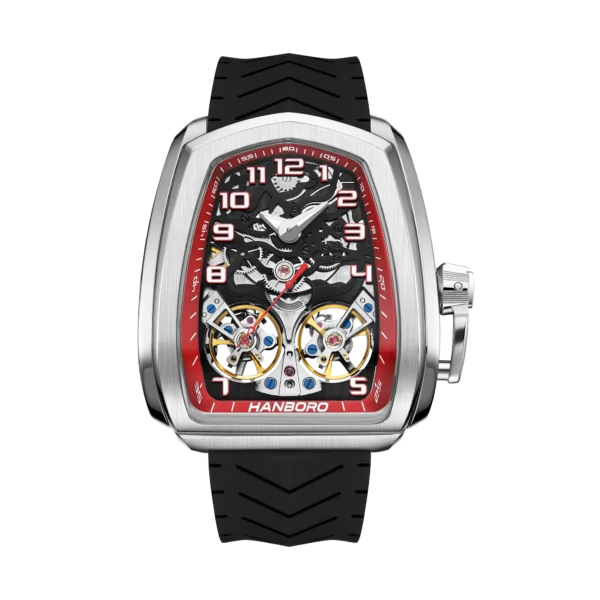 Hanboro Luxury Skeleton High Quality Ribbon Men’s Automatic Mechanical Tonneau Double Flying Wheel Sports Waterproof Watch