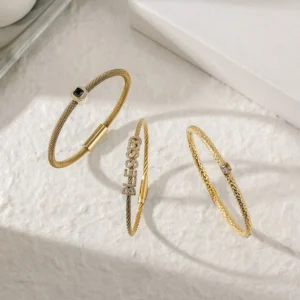 Stainless Steel and Zircon Twisted Wire Interlocking Open Bracelet Bangle Fashion Jewelry