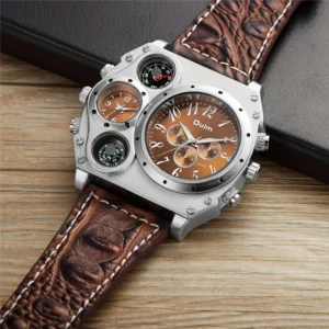 Luxury Men’s Sporty Quartz Watch with Compass, Chronograph Thermometer Stainless Steel Case, Orange Dial, Faux Leather Strap