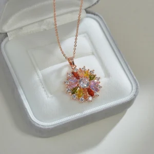 Crystal Colored Zircon Pendant Round Flower Moon Necklace