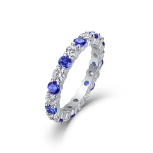 High Polished S925 Silver Band Ring Staggered Inlay of Lab Grown Royal Blue Sapphire Brilliant Moissanite 4-Prong Setting Ring