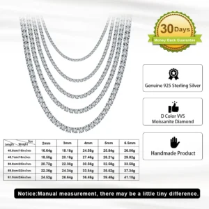 SMON01 Iced Out Moissanite Tennis 925 Sterling Silver Necklace Multiple Length Anti Tarnish Zircon Necklace for Men Women