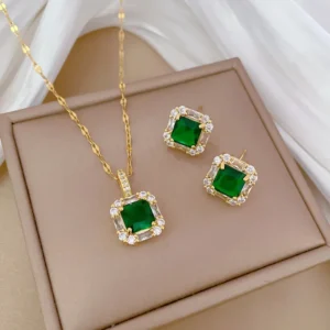 Emerald Cut Zircon Jewelry Set 18K Gold Plated Stainless Necklace