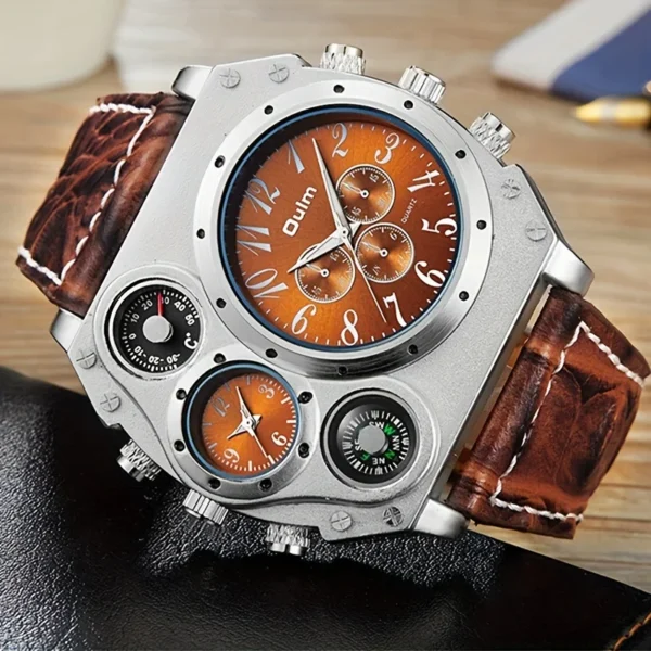 Luxury Men’s Sporty Quartz Watch with Compass, Chronograph Thermometer Stainless Steel Case, Orange Dial, Faux Leather Strap