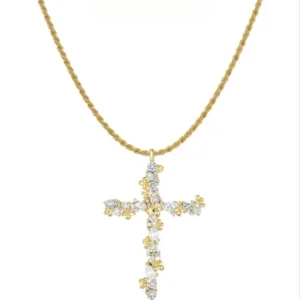 14K Gold Plated Cross Pendant Necklace Cubic Zirconia Relief