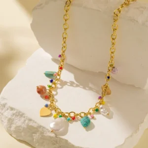 Elegant Natural Stone Rice Bead Shell Pendant Necklace Colorful